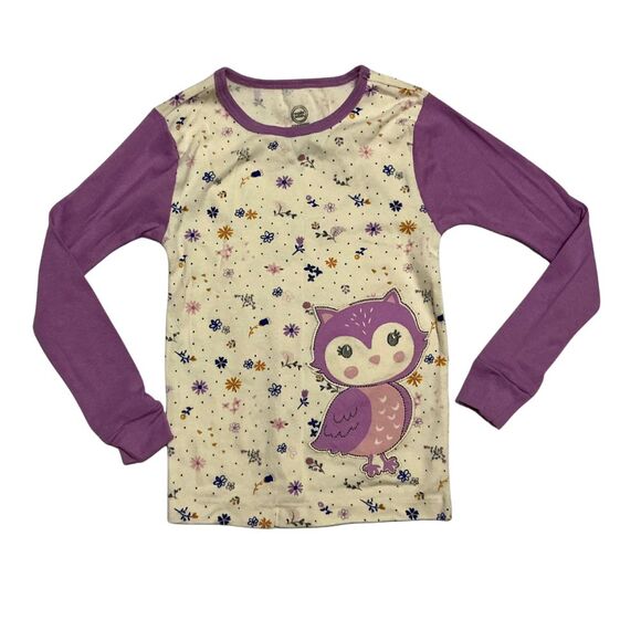 Girls Snug-Fit 2-Piece Pajama Set Size 4T Cream with Purple Owl & Flower Print - Picture 3 of 9